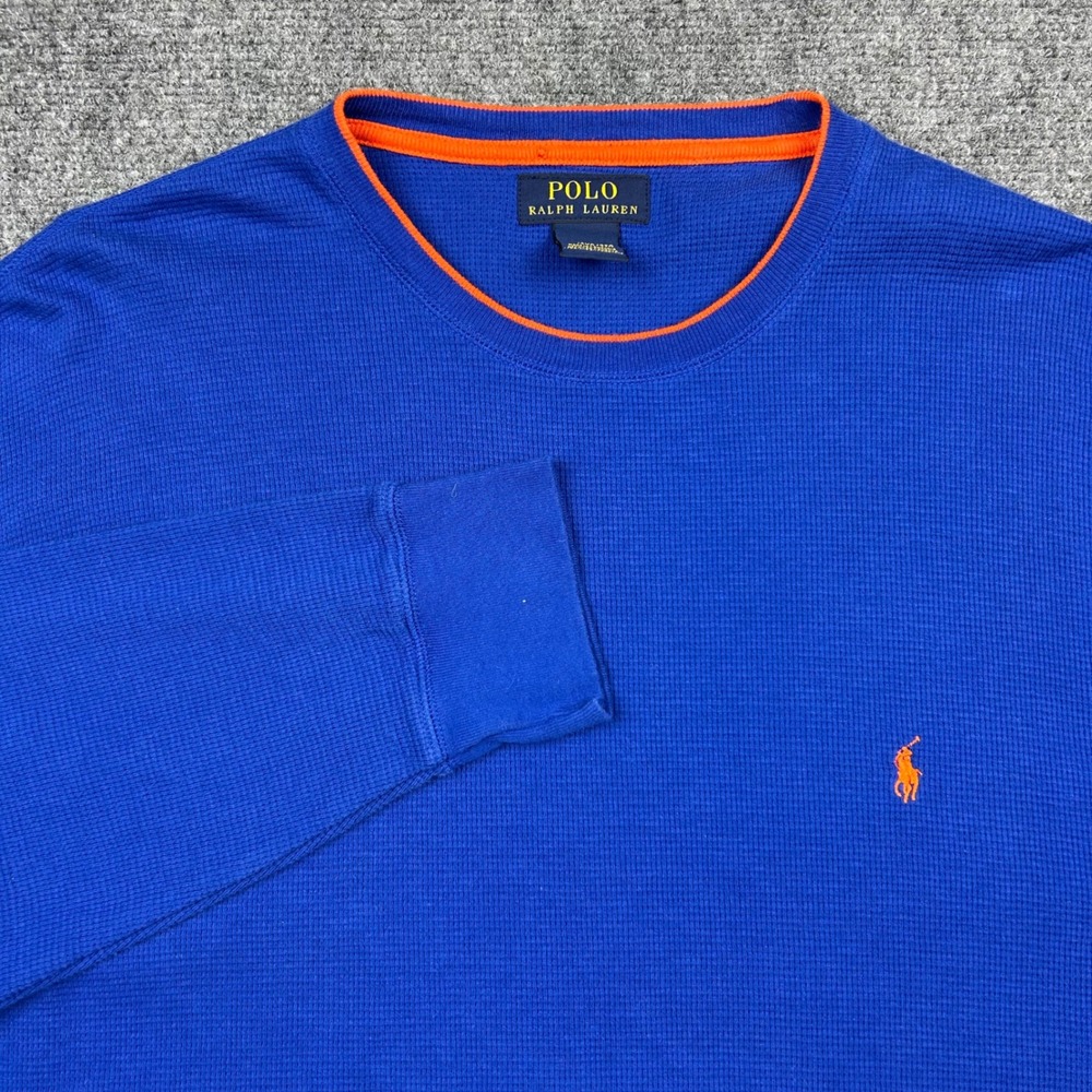 Polo Ralph Lauren Thermal Shirt Men 2XL Blue Orange Waffle Knit Pony Long Sleeve